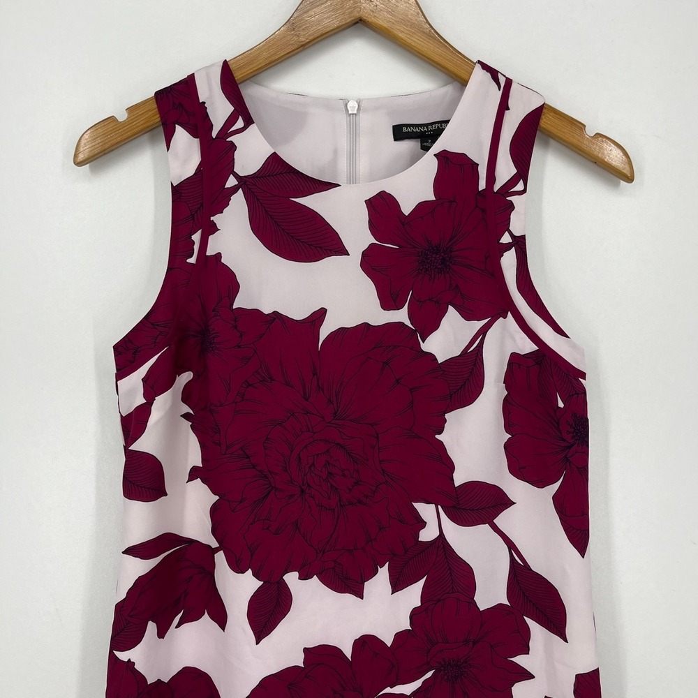 Banana Republic Dress Women's Size 2 Red Floral Print Back Zip Sleeveless - Picture 2 of 8